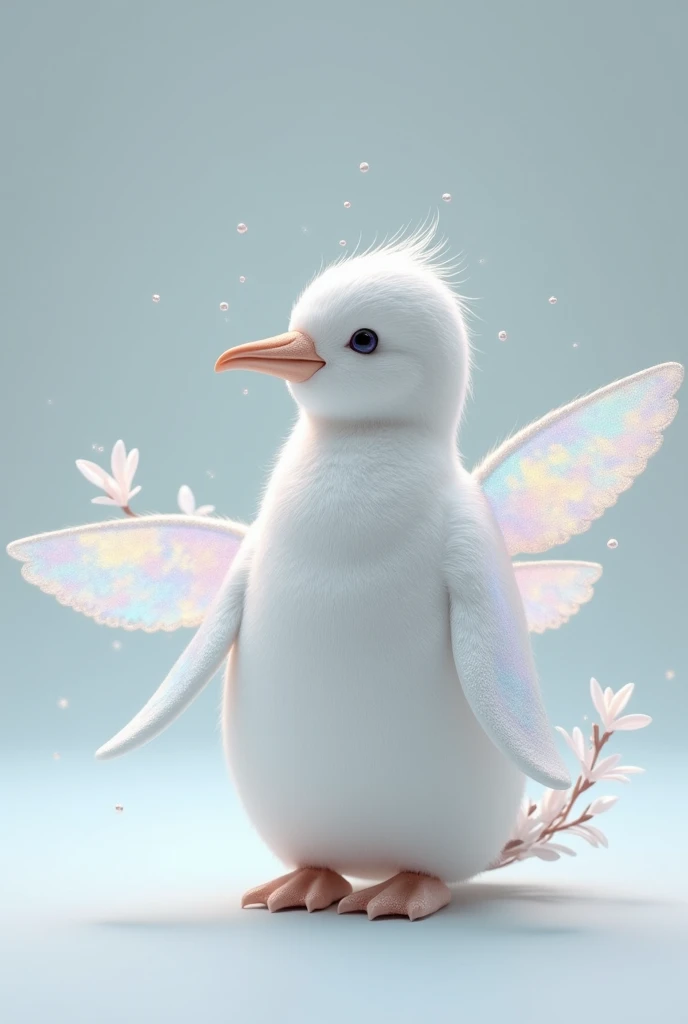 I want you to make a cute, realistic penguin., that it be white with iridescent colors that have hummingbird-type wings. I love it but I want it to be more like white colors and the wings more delicate and white iridescent color. I love it now you can add details like crystals or shiny things to the penguin that are delicate and cute and if you can add white flowers. It's super cute, I just want you to take off the necklace and the white flowers are like on his bony skin as if they were part of him.