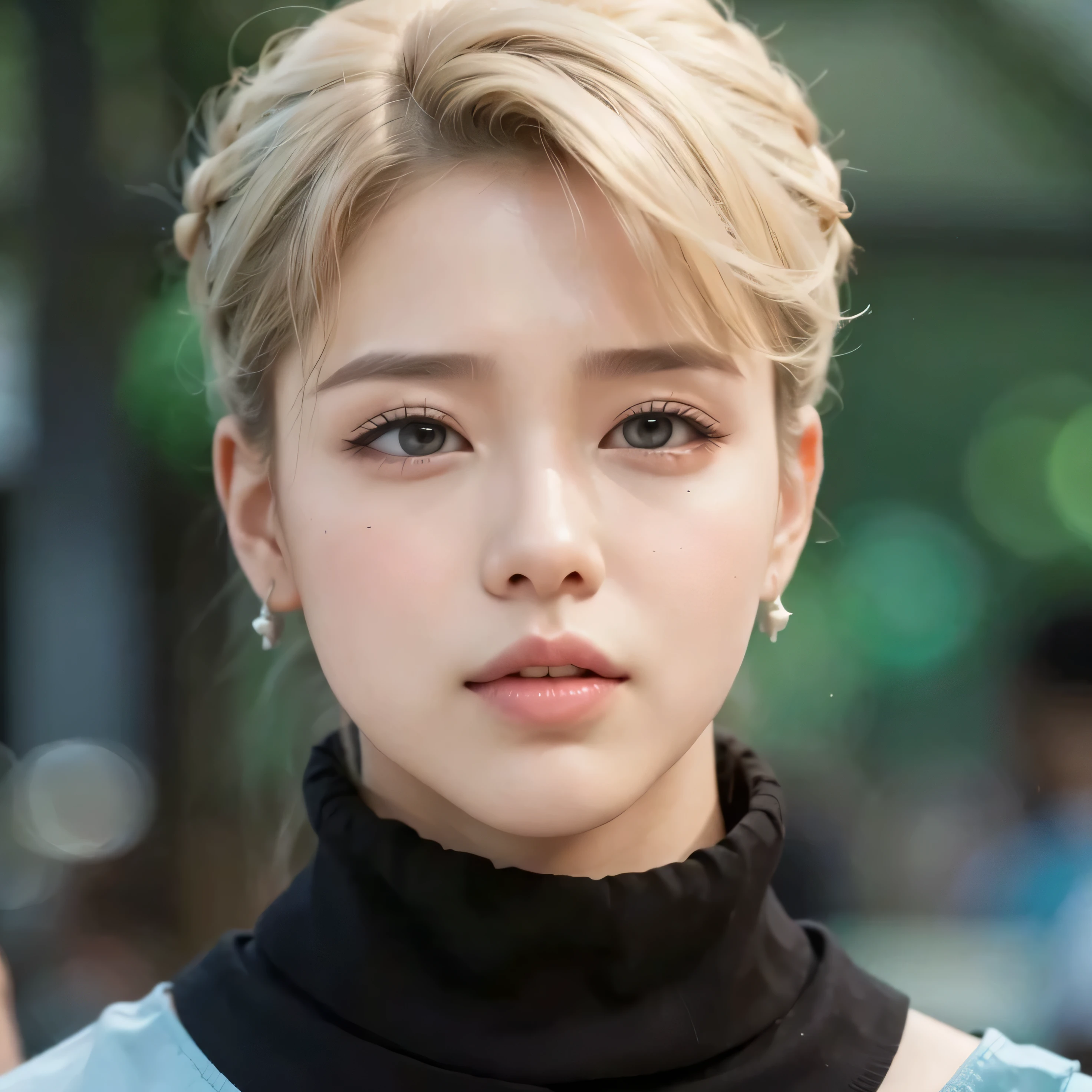 solo, high resolution,shorth hair, Hair with two buns, cloused mouth, simple background, tape, tape de cabelo, Minimalism,