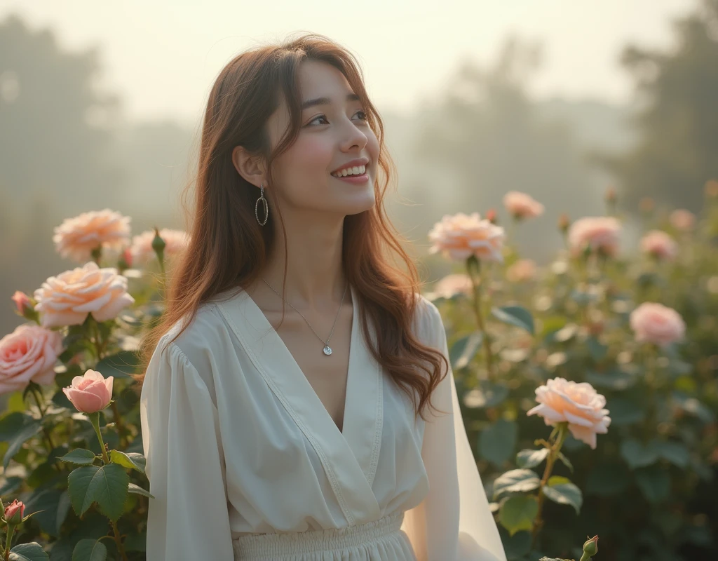 16:9 photograph, taken from a distance that shows the entire body, In a beautiful garden, admiring the roses with a short skirt and blouse, white color, long brown hair, a softened ironic smile - restrained excited happiness, soft lighting on the face, realistic textures of skin-clothes-hair, carpeted sky-blue eyes-fog, beautiful real textures and delicate aesthetics, seeing herself in full body, remarkable tribute to the natural feminine beauty of the body, noise, 8k quality, RAW PHOTO, by professional photographer, rule of thirds, extremely detailed