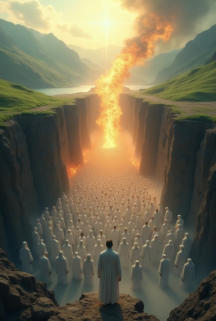 A man with a hundred other men dressed in white in a beautiful natural landscape. At the other end of the image, a man with a hundred other men burning in hell. In the middle, there is an abyss so that they cannot touch each other.. two different scenarios in the same image