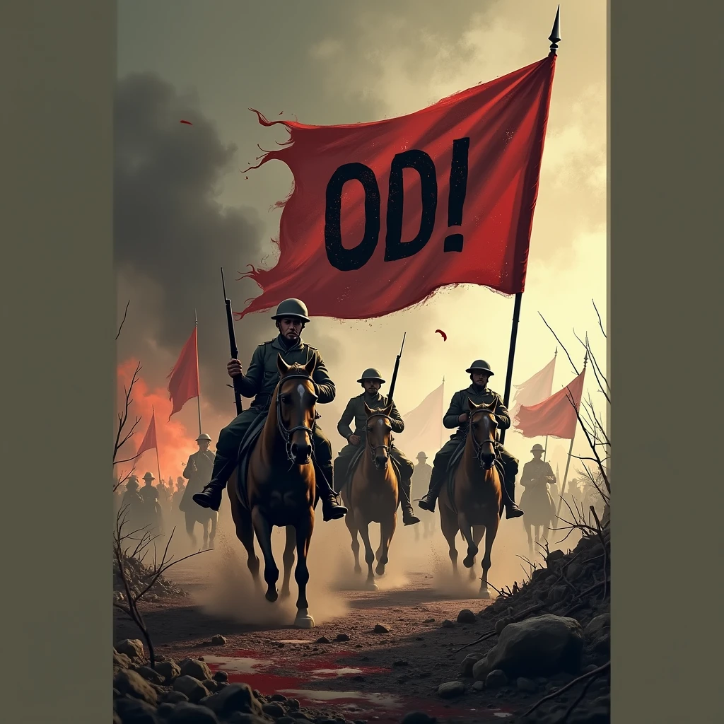 World War I logo with ODI name, with weapons and blood, with soldiers on horseback, and flags of many countries