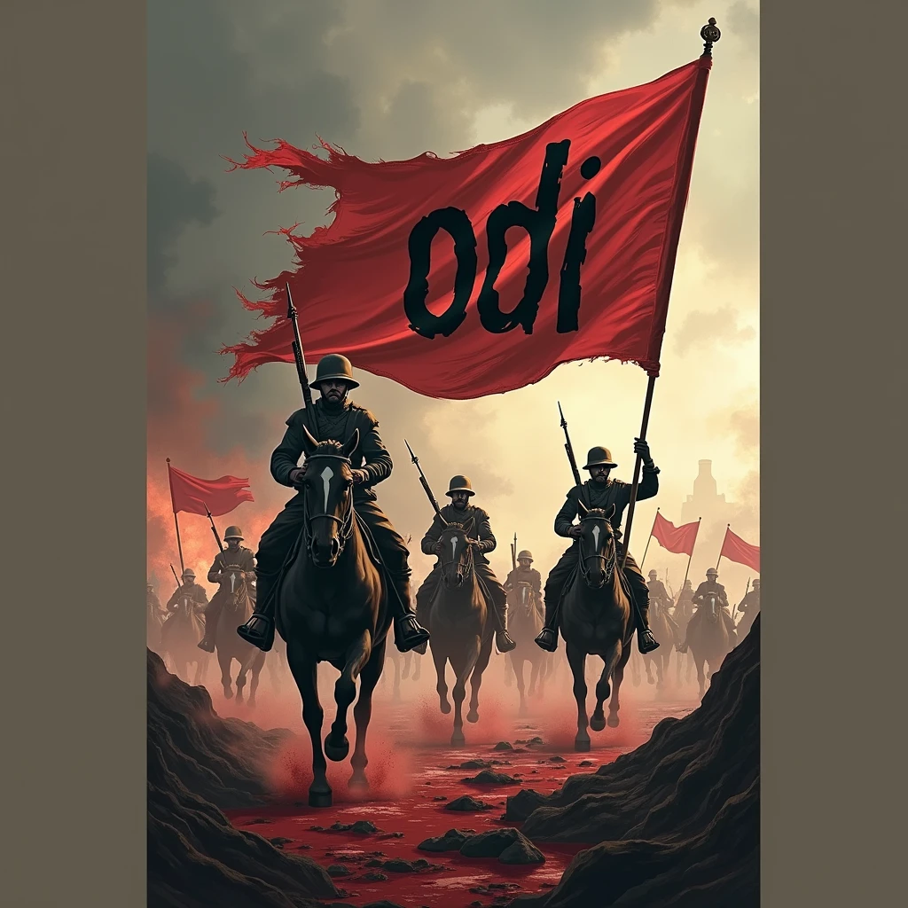 World War I logo with ODI name, with weapons and blood, with soldiers on horseback, and flags of many countries