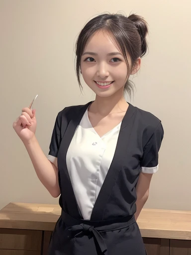 Japanese female, (underweight), (flat chest best quality:1.5), 30 years old, (cheerful grin:1.3),(chef:1.3),(chef's hat:1.1),apron,( roll up own sleeves:1.2),(ponytail:1.1), (forehead:1.2)