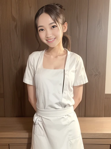 Japanese female, (underweight), (flat chest best quality:1.5), 30 years old, (cheerful grin:1.3),(chef:1.3),(chef's hat:1.1),apron,( roll up own sleeves:1.2),(ponytail:1.1), (forehead:1.2)