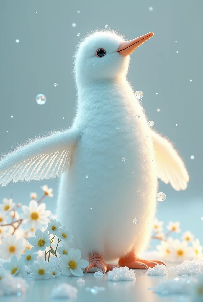 I want you to make a cute, realistic penguin., that it be white with iridescent colors that have hummingbird-type wings. I love it but I want it to be more like white colors and the wings more delicate and white iridescent color. I love it now you can add details like crystals or shiny things to the penguin that are delicate and cute and if you can add white flowers. It&#39;s super cute, I just want you to take off the necklace and the white flowers are like on his bony skin as if they were part of him.. Let it be more tender 