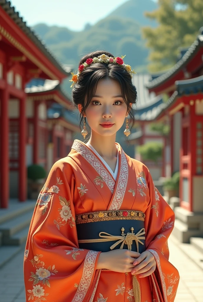 A beautiful young woman wearing brightly colored Japanese clothing、Japanese actress Kyoko Fukada、A charming expression、White Japanese clothing、Full Body Shot、background、Shrines and temples、Ukiyo-e style Japanese painting、The world created by CG、