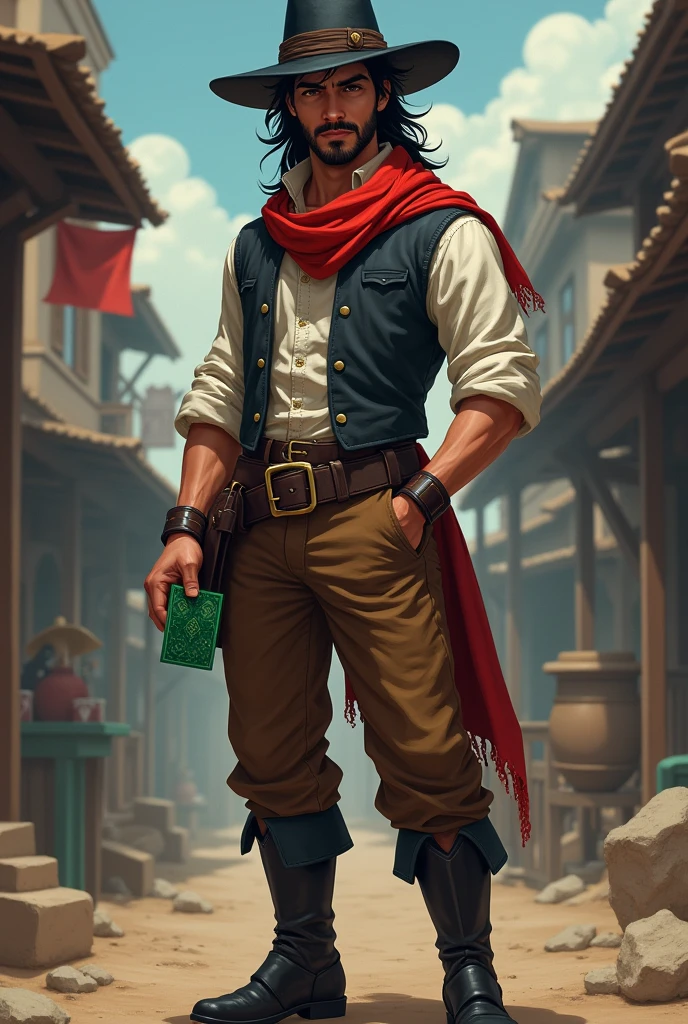 He is a well-groomed male peddler with long, messy dark hair and a well-groomed mustache and goatee. He is 5'9" tall and wears a dark vest and a plain white shirt. He wears a black hat. He has brown pants with a buckle and black boots. A red scarf is wrapped around his neck. He holds a green deck of cards in one hand, while the other hand is in his pocket. He is a cheerful individual who radiates power, but is very kind. The character is intended to be styled in a fantasy RPG art style, set in the Old West. He is young.