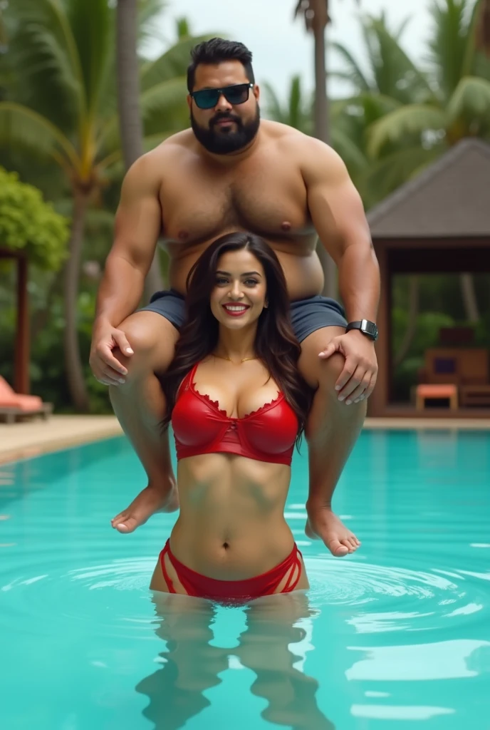 Beautiful and Slim Indian woman Aishwarya Rai in red leather bikini lifting a large chubby fat man above her shoulders, man is sitting on woman's shoulder, in a swimming pool, natural smile, woman is looking into the camera , her hands are on her waist, full image