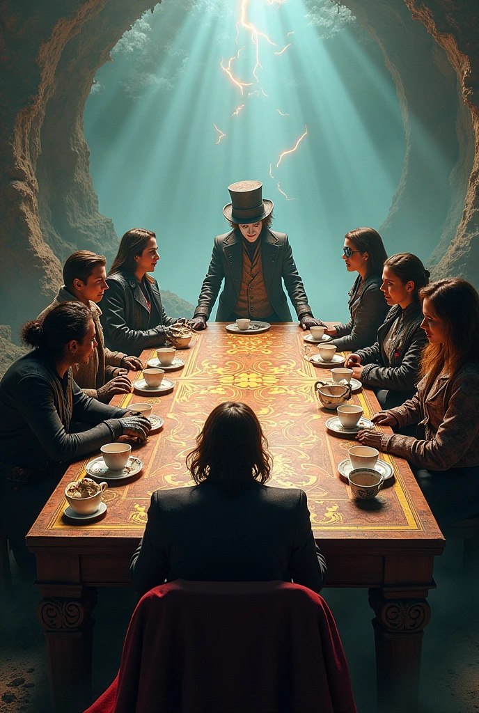 Make the Mad Hatter's rectangular tea table with him at the end and in the middle of the image and the rest of the characters so that the table is facing forward Cyborg Joker Echo (Maya Lopez)
Jason Grace
Leo Valdez
Loki
Nico di Angelo
Piper McLean
Professor Xavier
Reyna Avila
Toph
Thor