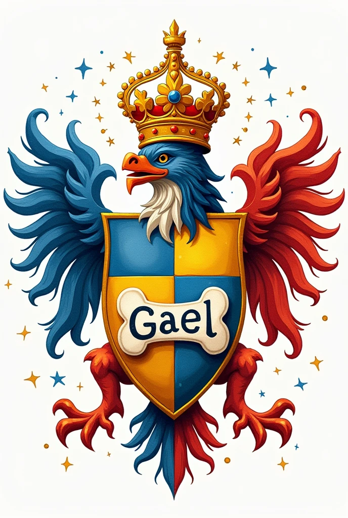 create an AI image of a coat of arms in royal blue, yellow and red, in the lower part of the coat of arms a bone and inside the bone the writing "GAEL" in watercolor tones in a children's vector design style, Cartoon