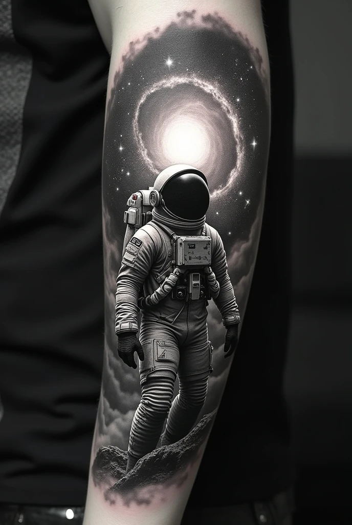 Black and white tattoo with an astronaut in front of a galaxy. In the drawing add symbols of mathematics and artwork "Adam's creation".