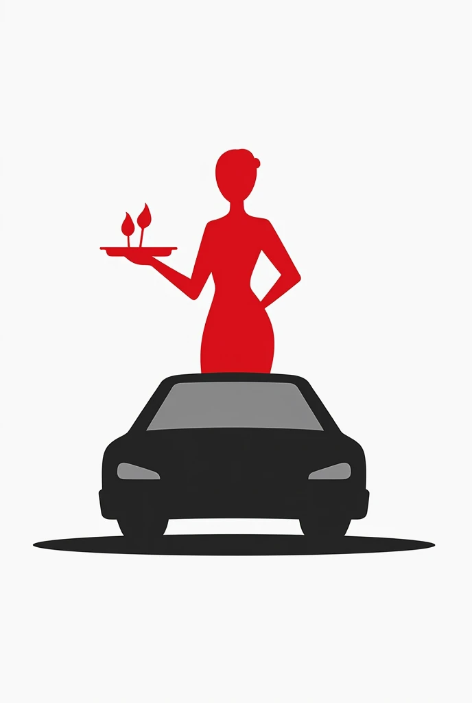 red faceless waitress shape sitting on top of a black car and the waitress holding a tray, for a logo 

