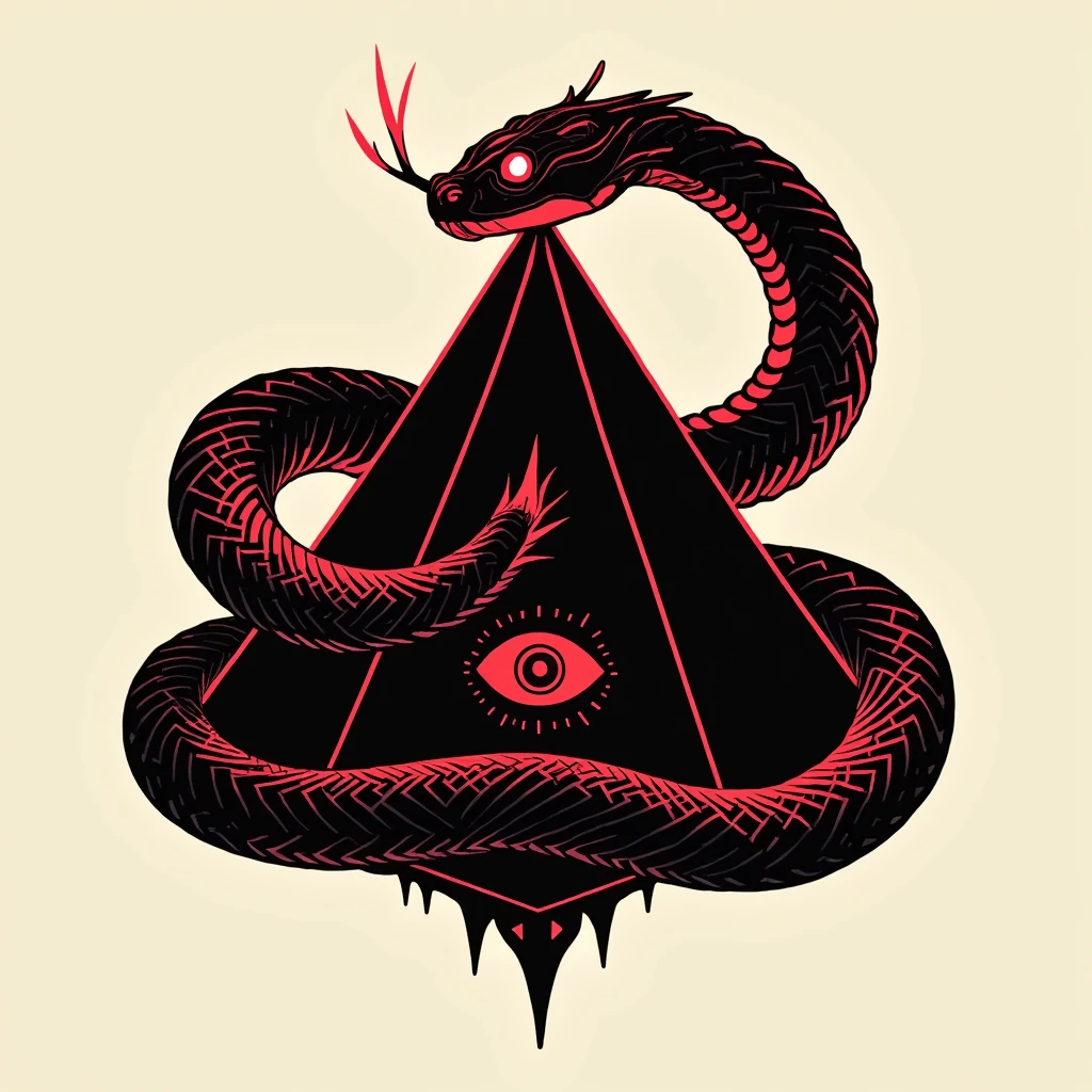 Create a logo, Pyramid with an eye in its center, snake coiled around the pyramid. Use colors are black and red. that&#39;s all, with nothing in the background. The snake has its head on top of the top of the pyramid. 