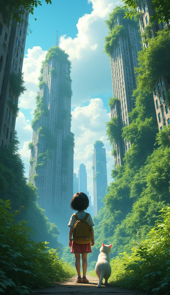 8k、RAW Photos、Highest quality、look up:1.2、masterpiece:1.2、Genuineistic、Ultra-high resolution、High Contrast、Photon Mapping、Genuine、Very detailed、Official Art, RAW Photos、professional Lighting、 Light、Vivid atmosphere、twiceLight) This anime scene、While carrying the atmosphere of Makoto Shinkai's work,、Expressing a post-apocalyptic world view。Looking out over the city skyline from the forest with a backpack、Evoking moving scenes like those of Makoto Shinkai&#39;Work of.。 High-rise buildings in the city are covered with trees from the walls and windows々Jump out、Buildings are covered with lush jungle.、It depicts a futuristic landscape where nature and the city are fused.。A city bathed in bright sunlighuggests a bright and hopeful future.。 A girl trying to enter the buildings of the city、It symbolizes young people trying to leap into society.。and、A pure white cat beside me、As a familiar presence、Observing a girl&#39;A journey。 This scene、It depicts a unique post-apocalyptic anime world.。

