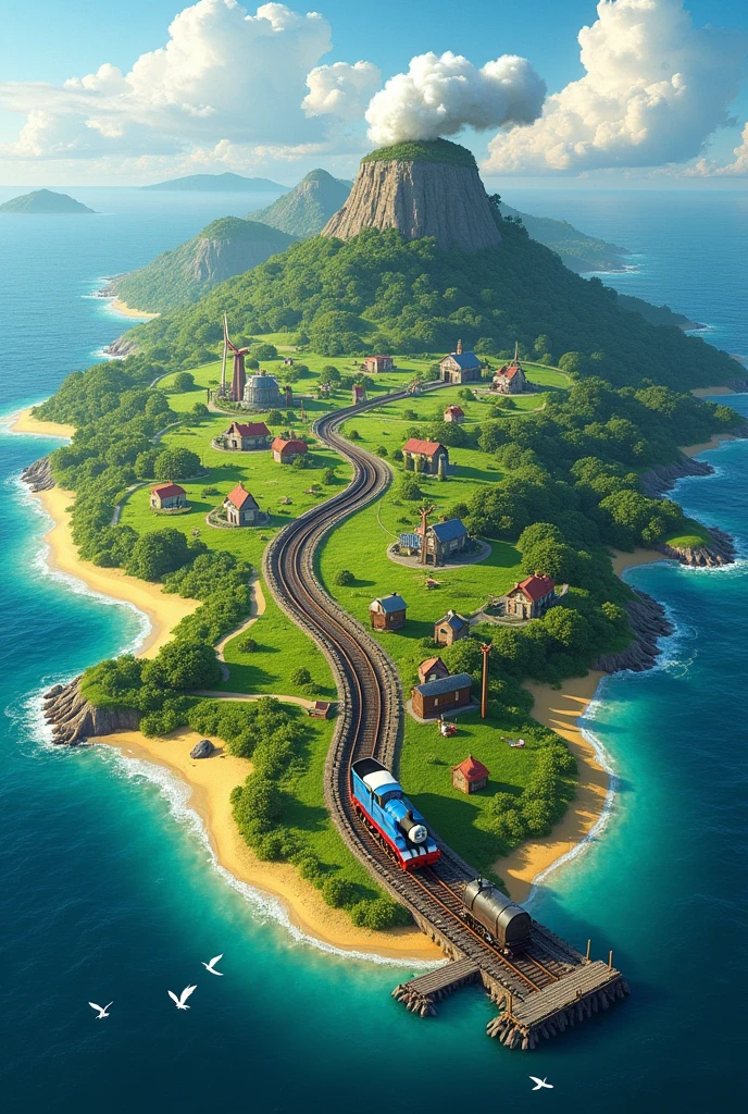 The Island of Sodor is surrounded by a beautiful blue sea. It has green fields and yellow sand beaches. There are rivers, streams there are trees where birds sing. There are windmills, and a coal mine, and the pier where visitors to the island embark. The island also contains many train tracks., and the train that is smoking on one of the tracks is the Thomas train
