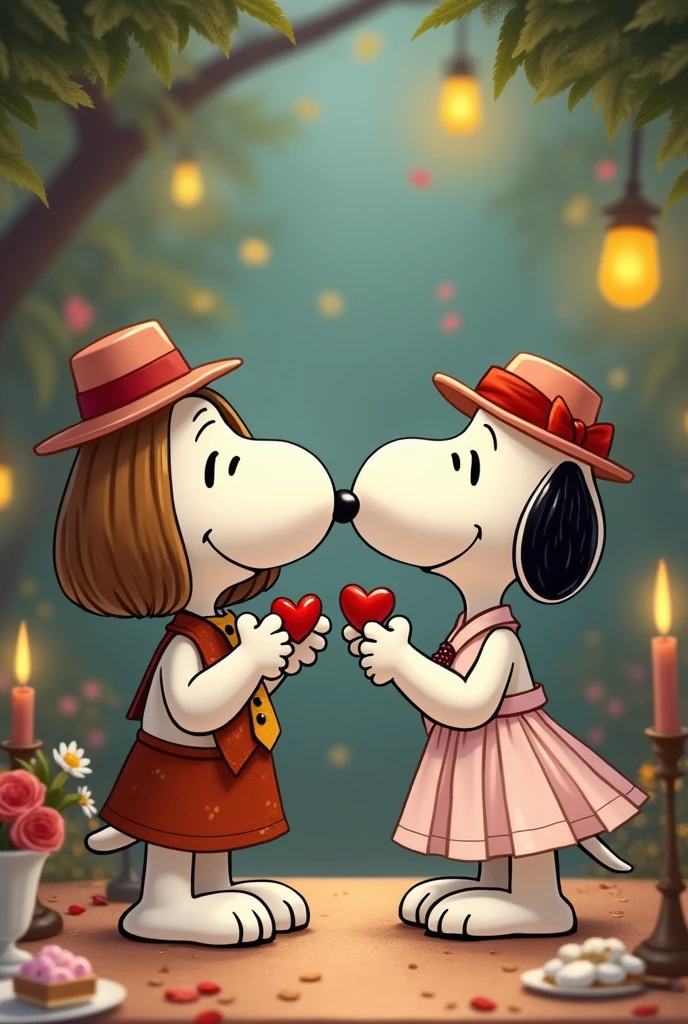 Snoopy wearing a tie having a date with another snoopy wearing a dress