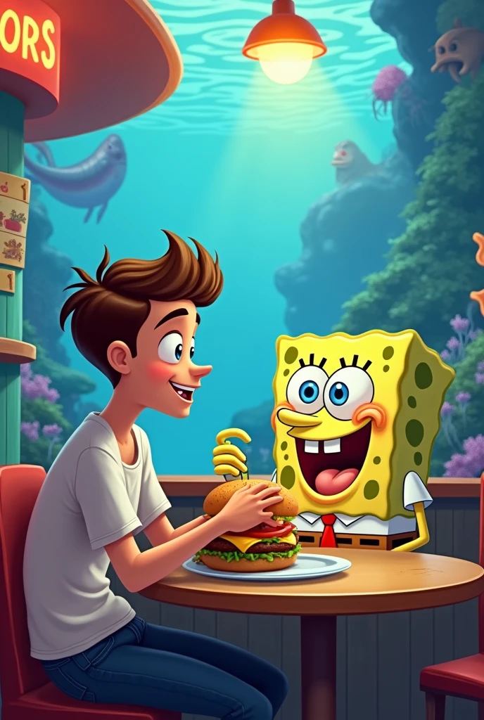 Teenager with brown hair at the Krusty Krab eating a burger with Sponge Bob under the sea