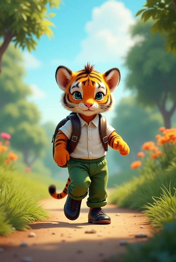 Baby tiger walking to school in long green pants, white shirt and black shoes