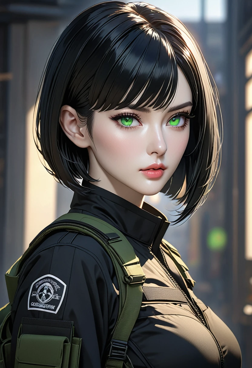 ((best quality)), ((artwork)), ((extremely detailed face)), ((perfect lighting)), ((extremely detailed CG)), ((perfect hands, perfect anatomy)) Appearance= Pale skin, tall, elegant, busty, athletic, toned, striking features, high cheekbones, straight nose, thin lips, firm chin; sharp green eyes, mole below; straight black hair, bob cut; Personality= Stubborn, direct, obstinate Occupation= Contractor Clothing= Black tactical combat uniform.]