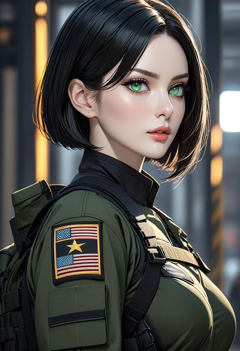 ((best quality)), ((artwork)), ((extremely detailed face)), ((perfect lighting)), ((extremely detailed CG)), ((perfect hands, perfect anatomy)) Appearance= Pale skin, tall, elegant, busty, athletic, toned, striking features, high cheekbones, straight nose, thin lips, firm chin; sharp green eyes, mole below; straight black hair, bob cut; Personality= Stubborn, direct, obstinate Occupation= Contractor Clothing= Black tactical combat uniform.]