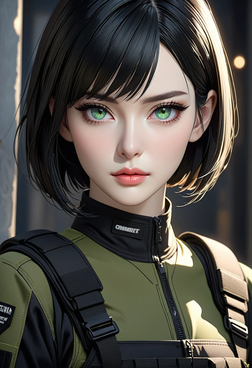 ((best quality)), ((artwork)), ((extremely detailed face)), ((perfect lighting)), ((extremely detailed CG)), ((perfect hands, perfect anatomy)) Appearance= Pale skin, tall, elegant, busty, athletic, toned, striking features, high cheekbones, straight nose, thin lips, firm chin; sharp green eyes, mole below; straight black hair, bob cut; Personality= Stubborn, direct, obstinate Occupation= Contractor Clothing= Black tactical combat uniform.]