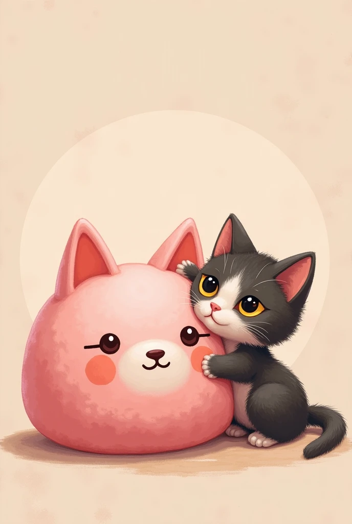Create an image where you see a traditional pink mochi with a Chinese face and a tortoiseshell kitten next to it hugging the other mochi