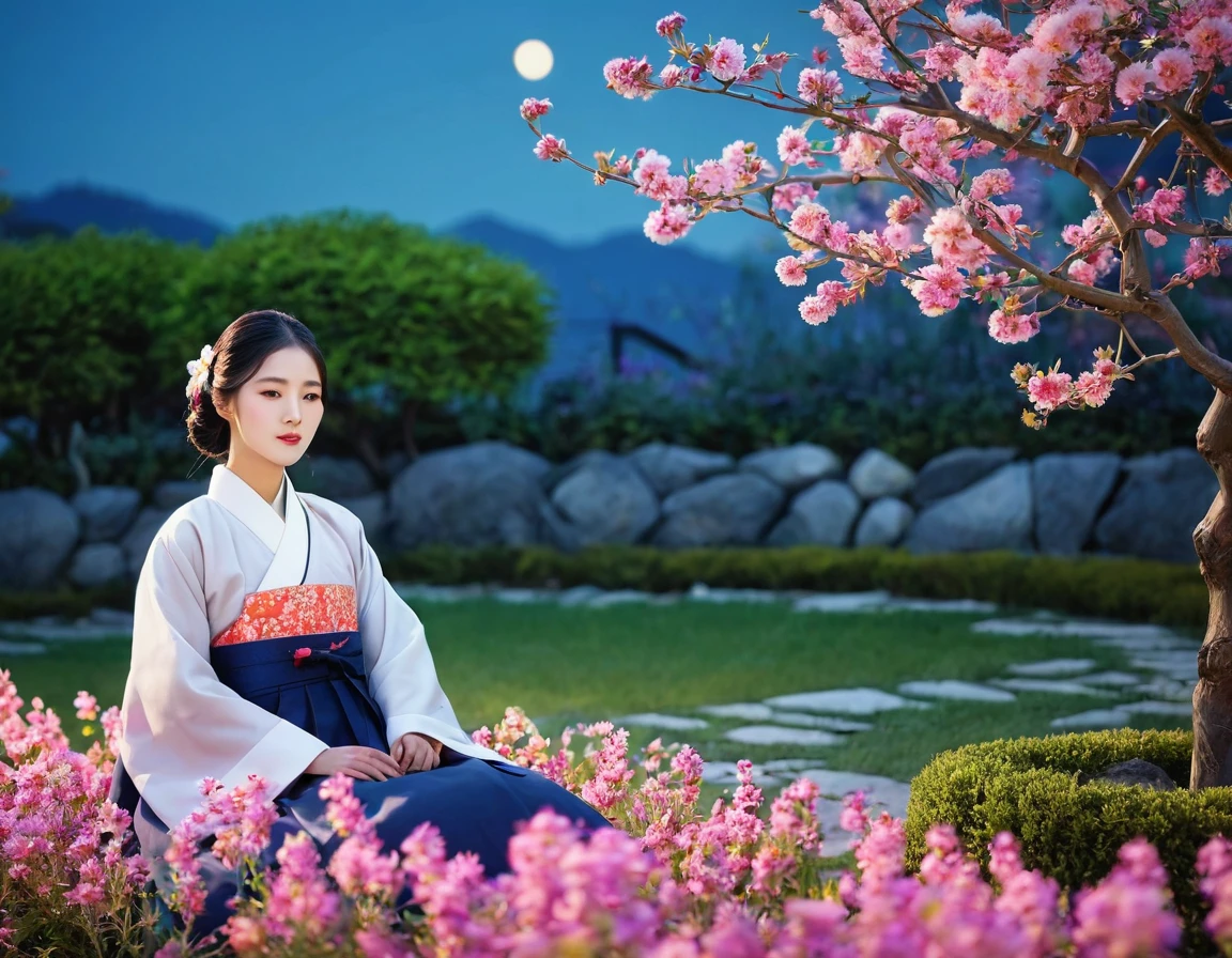 Best Quality, high_resolution, distinct_Image, detailed background ,Girl, Hanboks,flower,garden,officer, evening,