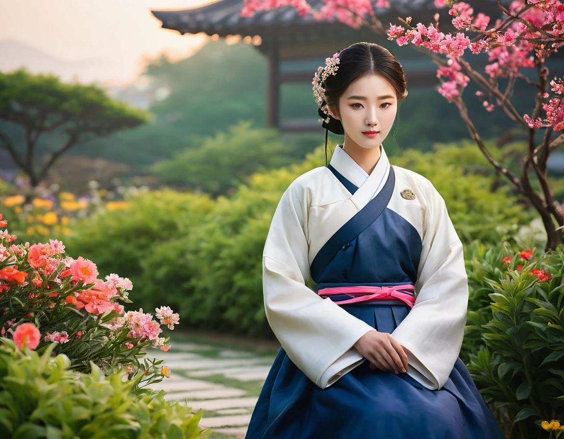 Best Quality, high_resolution, distinct_Image, detailed background ,Girl, Hanboks,flower,garden,officer, evening,