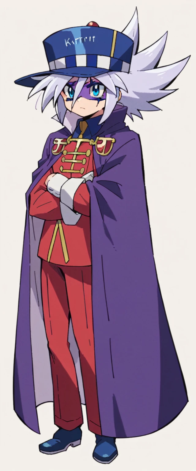 Highest quality,Masterpiece,Pro Art,8k,Based on anatomy,silk hat,Light purple hair,Eye mask,Purple Cape,Japan animated style,kait8uj8ker, white hair, spiked hair, Blue eyes,Full body image,Huge muscles,Huge erect penis,