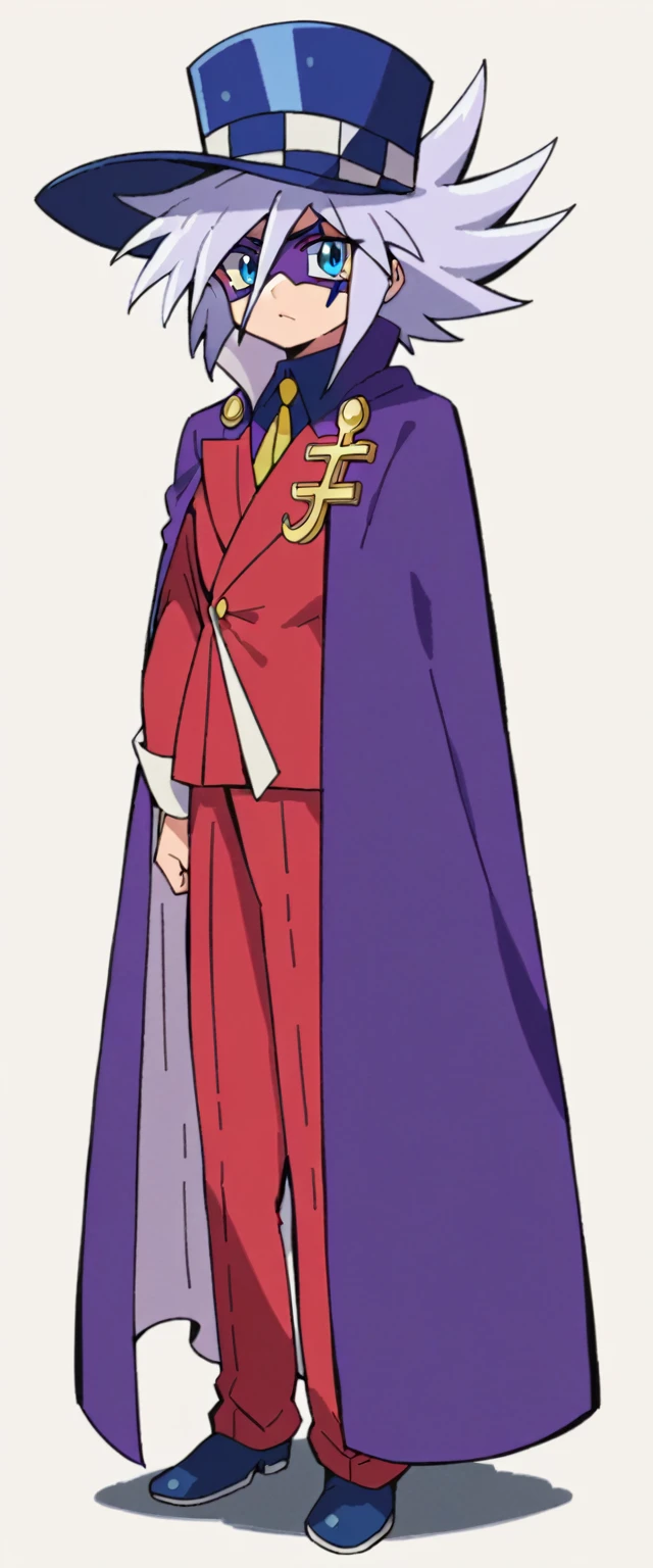 Highest quality,Masterpiece,Pro Art,8k,Based on anatomy,silk hat,Light purple hair,Eye mask,Purple Cape,Japan animated style,kait8uj8ker, white hair, spiked hair, Blue eyes,Full body image,Huge muscles,Huge erect penis,