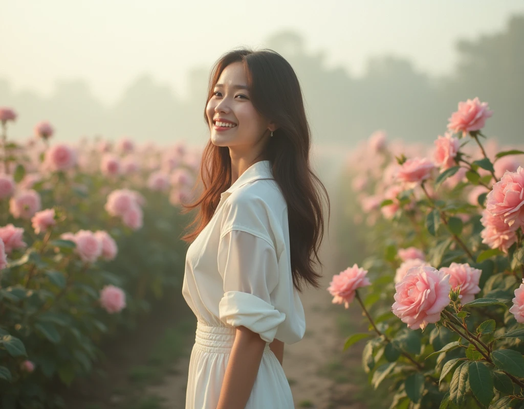 16:9 photograph, taken from a distance that shows the entire body, In a beautiful garden, admiring the roses with a short skirt and blouse, white color, long brown hair, a softened ironic smile - restrained excited happiness, soft lighting on the face, realistic textures of skin-clothes-hair, carpeted sky-blue eyes-fog, beautiful real textures and delicate aesthetics, seeing herself in full body, remarkable tribute to the natural feminine beauty of the body, noise, 8k quality, RAW PHOTO, by professional photographer, rule of thirds, extremely detailed