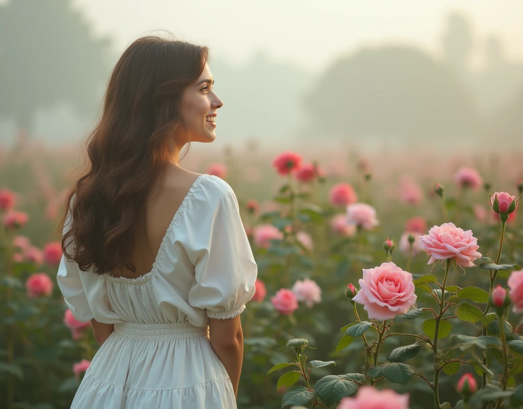16:9 photograph, taken from a distance that shows the entire body, In a beautiful garden, admiring the roses with a short skirt and blouse, white color, long brown hair, a softened ironic smile - restrained excited happiness, soft lighting on the face, realistic textures of skin-clothes-hair, carpeted sky-blue eyes-fog, beautiful real textures and delicate aesthetics, seeing herself in full body, remarkable tribute to the natural feminine beauty of the body, noise, 8k quality, RAW PHOTO, by professional photographer, rule of thirds, extremely detailed