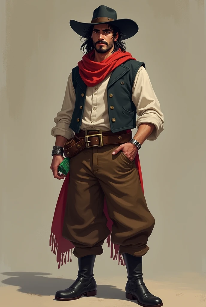 He is a well-groomed male peddler with long, messy dark hair and a well-groomed mustache and goatee. He is 5'9" tall and wears a dark vest and a plain white shirt. He wears a black hat. He has brown pants with a buckle and black boots. A red scarf is wrapped around his neck. He holds a green deck of cards in one hand, while the other hand is in his pocket. He is a cheerful individual who radiates power, but is very kind. The character is intended to be styled in a fantasy RPG art style, set in the Old West. He is young.