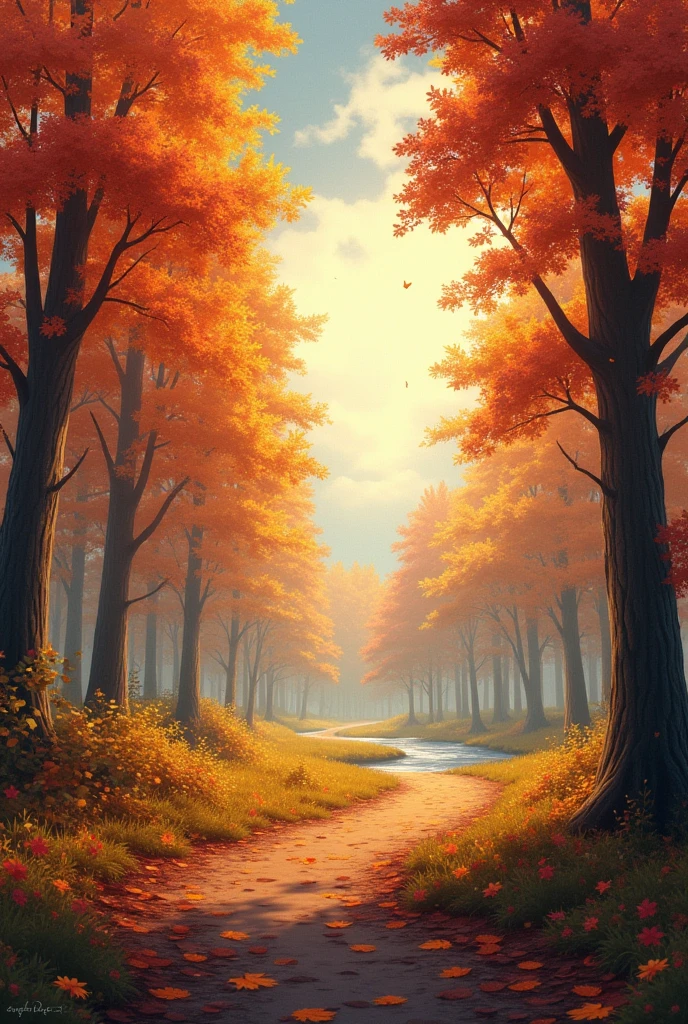 Imagine a forest in the middle of autumn. The trees have warm-toned leaves, like gold and red, that fall gently to the ground. The sky is partly cloudy, but the sun&#39;s rays manage to filter through the clouds, illuminating the landscape with a soft, warm light. There is a light drizzle mixing with the fresh air., creating a refreshing and comforting environment. 

In the background, A small path winds through the trees, inviting to adventure. In the distance, the murmur of a brook adds a touch of serenity, while the scent of wet earth and fallen leaves fills the air. 

This landscape captures the essence of your friend: warmth and sensitivity, the beauty that emerges after the storm, and the comfort of knowing that, Despite the difficulties, There is always something good waiting for us.