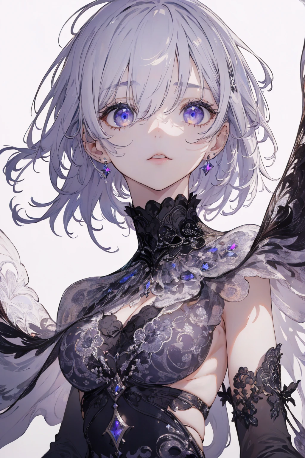 (from below:1.1, in white background:1.5), Masterpiece, best quality, (very detailed CG unity 8k wallpaper), (best quality), High definition RAW color art, Animation,sculptures, (black Marble Skin), (((Ultra detailed elegant))), Magical atmosphere, Detailed skin, Texture,(Intricately detailed, Fine detail, ultra-detail art), depth of fields, bokeh, Silky Touch, Hyper Detail, beautiful eyes, Elegant Face, (white background, view from below), sparkle background, enormous breast:1.5, (silver hair), pastel purple, embarrassing face, short hair