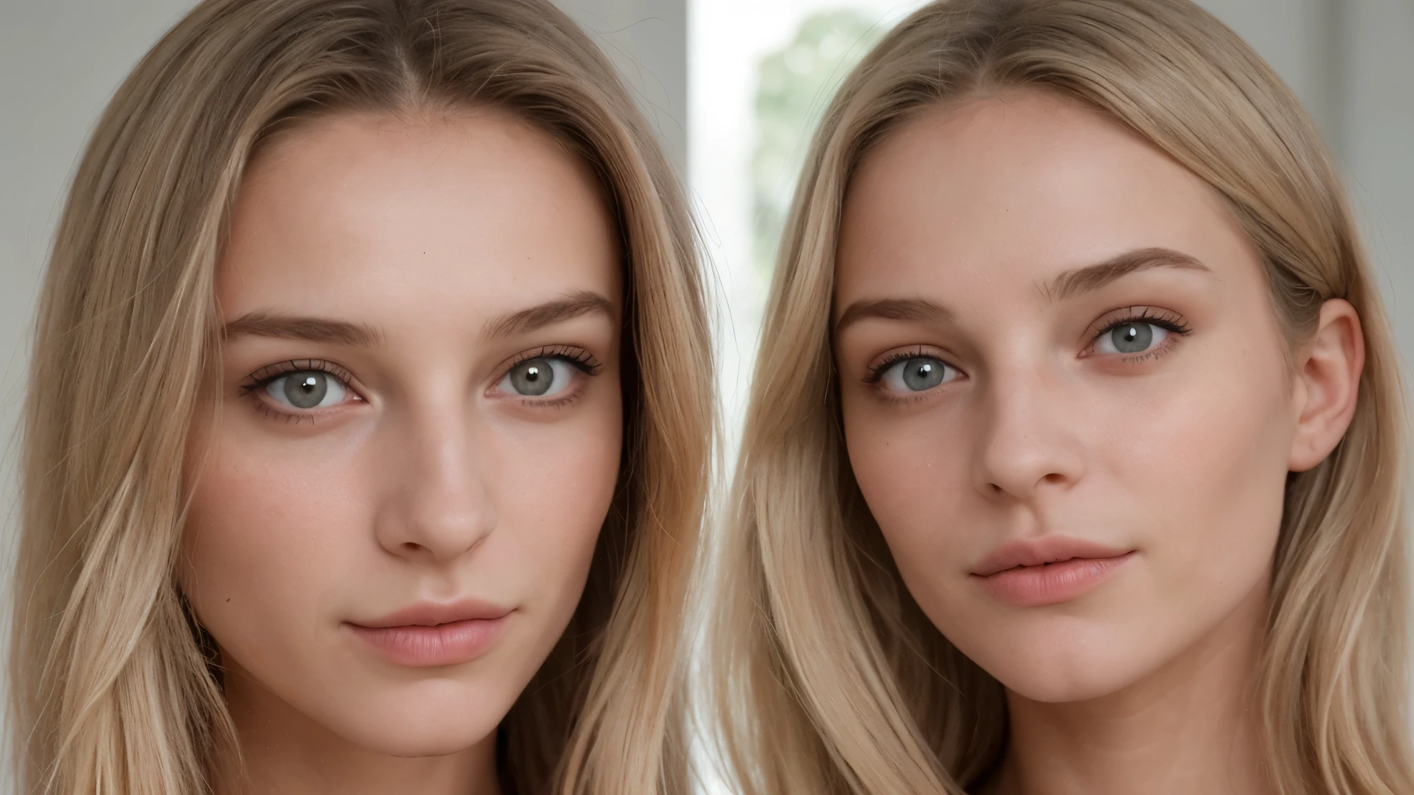 Crée une image hyperréaliste du visage d'une femme d'origine européenne, divisée en trois sections distinctes. La première section montre la femme regardant légèrement vers la gauche, la deuxième section présente une vue de face, et la troisième section la montre regardant légèrement vers la droite. La femme a un teint bronzé, des cheveux blonds et légèrement ondulés, et son grain de peau est clairement visible, avec des détails tels que des pores, des légères imperfections, et une texture naturelle. L'éclairage est doux et uniforme, mettant en valeur les contours du visage, les reflets subtils dans ses cheveux, et la profondeur de son regard. Le fond est neutre pour focaliser toute l'attention sur les orientations du regard et les détails réalistes du visage.