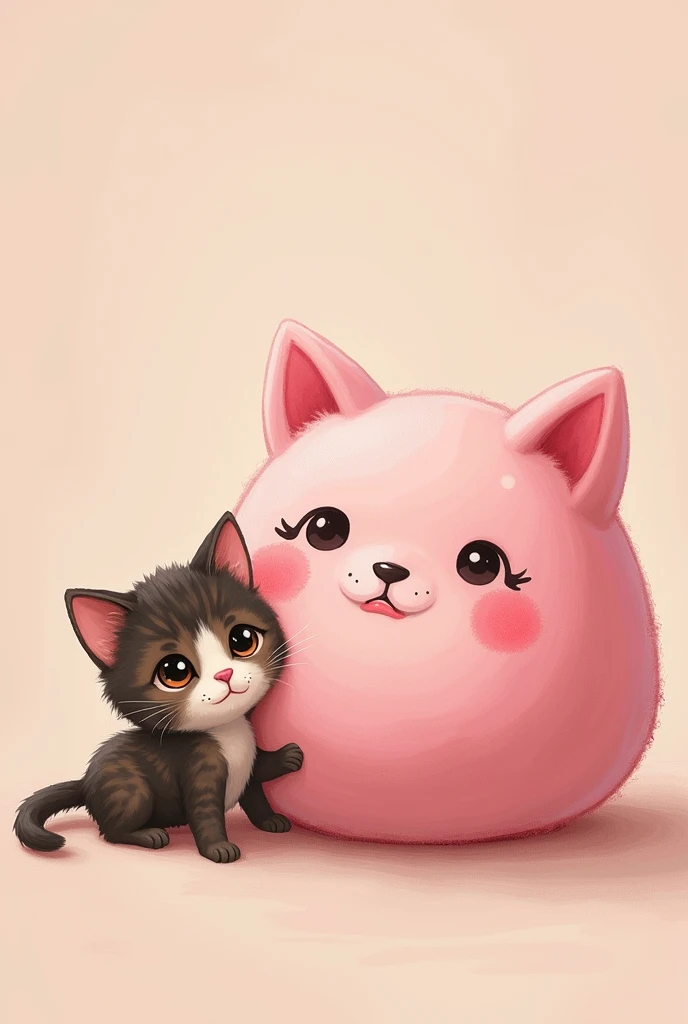 Create an image where you see a traditional pink mochi with a Chinese face and a tortoiseshell kitten next to it hugging the other mochi 

