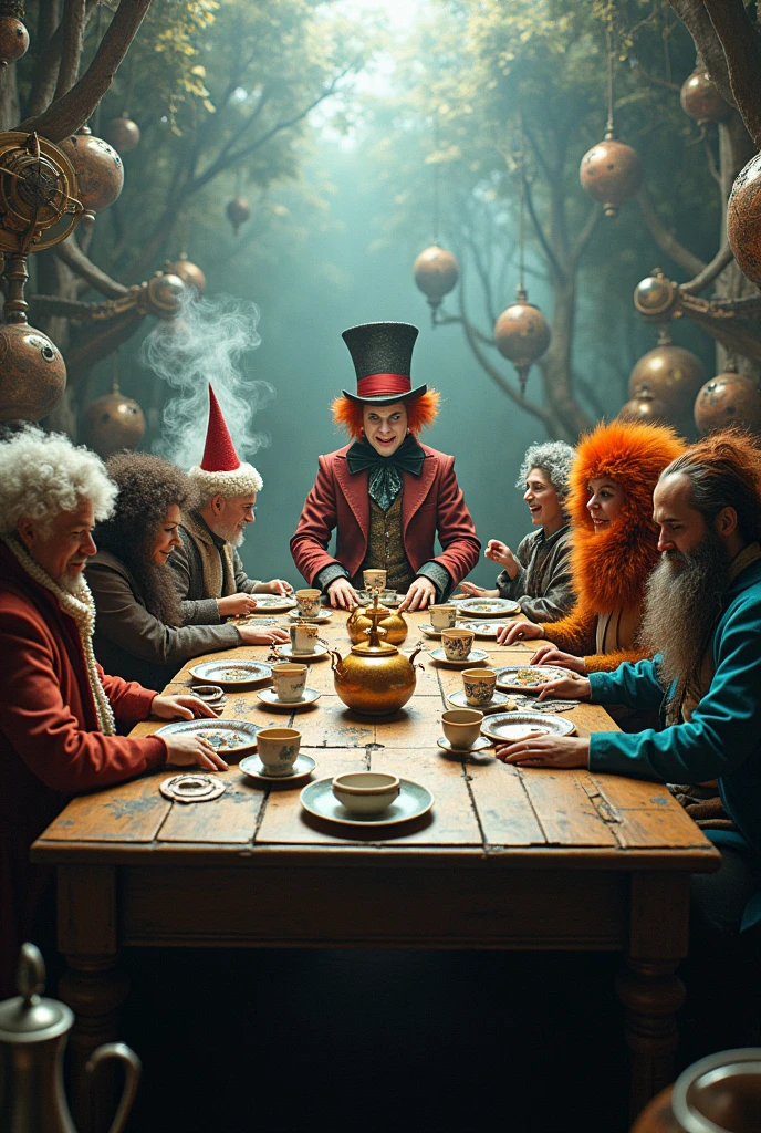 Make the Mad Hatter's rectangular tea table with him at the end and in the middle of the image and the rest of the characters so that the table is facing the front of the table with various tea things Cyborg Joker Eco (Maya Lopez)
Jason Grace
Leo Valdez
Loki
Nico di Angelo
Piper McLean
Professor Xavier
Reyna Avila
Toph
Thor