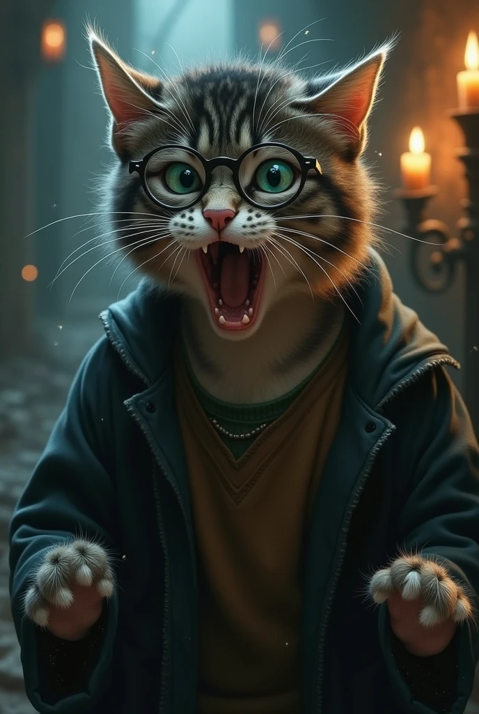 
Make me a realistic picture of Harry Potter mewing 