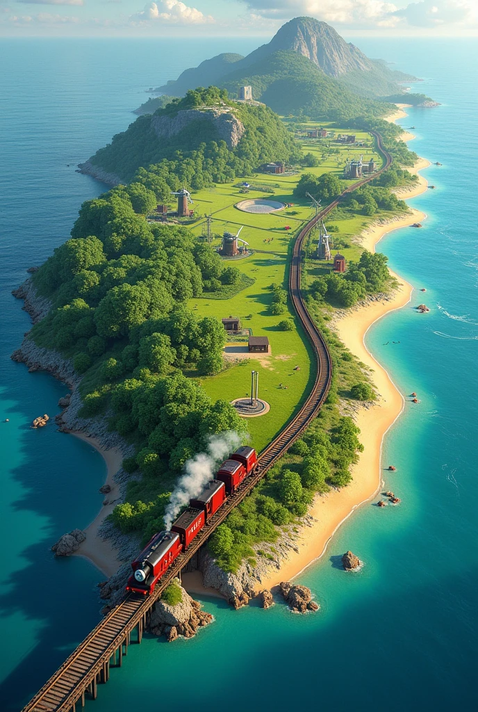 The Island of Sodor is surrounded by a beautiful blue sea.  It has green fields and yellow sand beaches. There are rivers, streams there are trees where birds sing. There are windmills, and a coal mine, and the pier where visitors to the island embark. The island also contains many train tracks., and the train that is smoking on one of the tracks is the Thomas train 