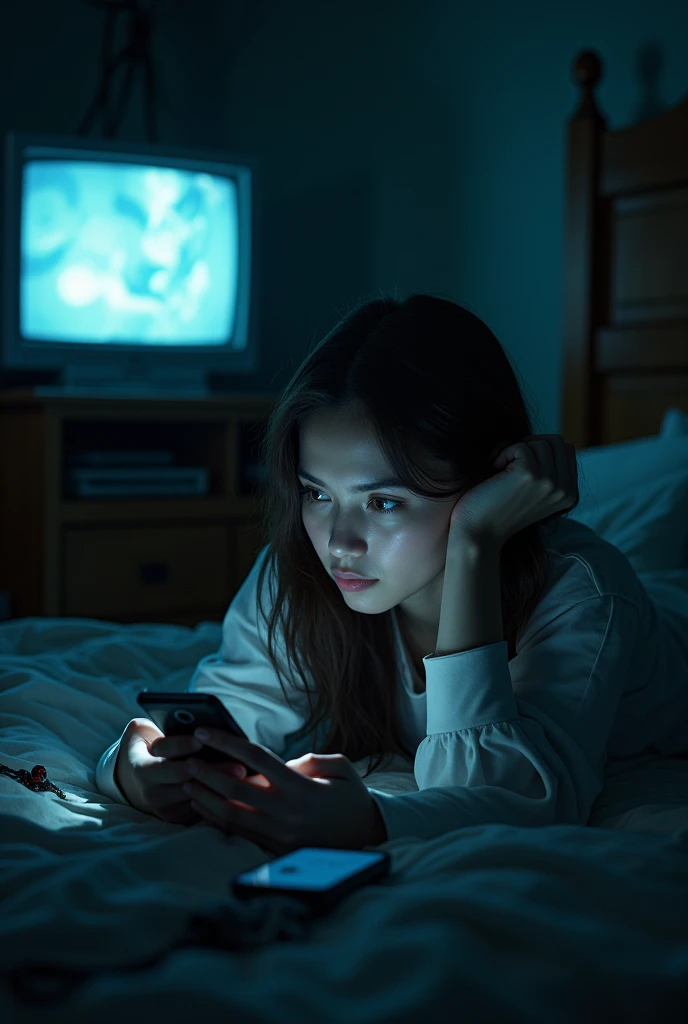 woman, with an expressive face, person scrolling through the cell phone feed in bed, lying on the bed in front of a light apparently from the TV in a messy room, poorly lit environment, only light from the TV