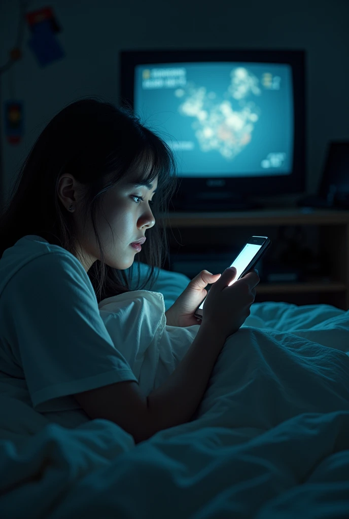 woman, with an expressive face, person scrolling through the cell phone feed in bed, lying on the bed in front of a light apparently from the TV in a messy room, poorly lit environment, only light from the TV