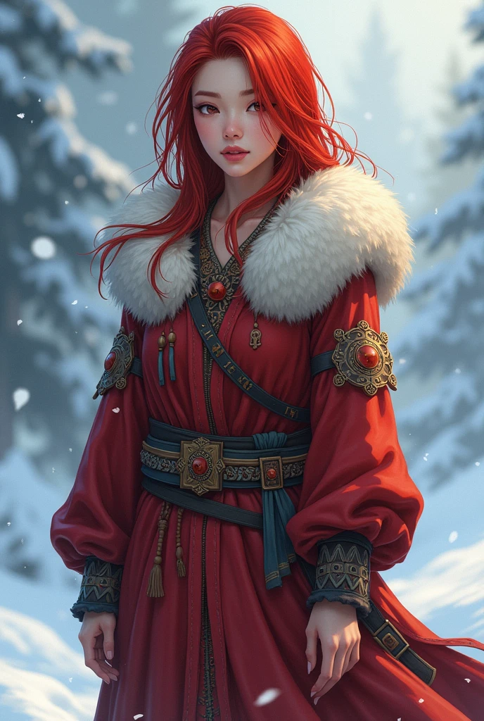 Genderfluid, more feminine, less masculine, indigenous norse clothes with fur, tall, red hair, female asian face, in cold climate, wide hips, narrow shoulders, digital anime artstyle