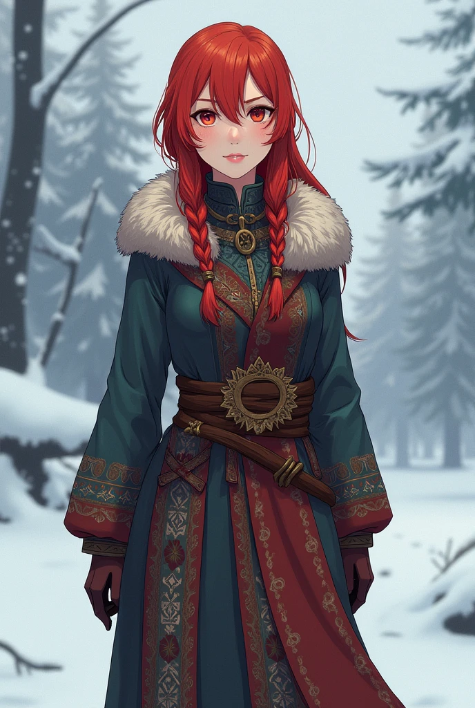 Genderfluid, more feminine, less masculine, indigenous norse clothes with fur, tall, red hair, female asian face, in cold climate, wide hips, narrow shoulders, digital anime artstyle