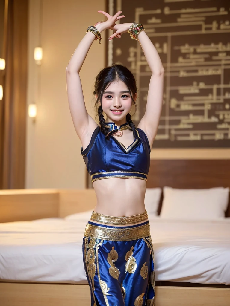 (Highest quality:1.5)、(masterpiece:1.5)、(8k:1.5)、((Primary school students:1.7))、(Flat Chest)、(arabic dancer costume:1.5)、Braid、Angle from below、smile、(The background is the hotel:1.7)、whole body、Hotel Bed