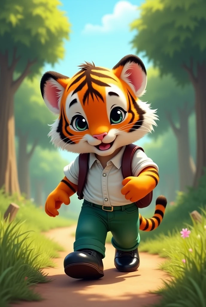 Baby tiger walking to school in long green pants, white shirt and black shoes