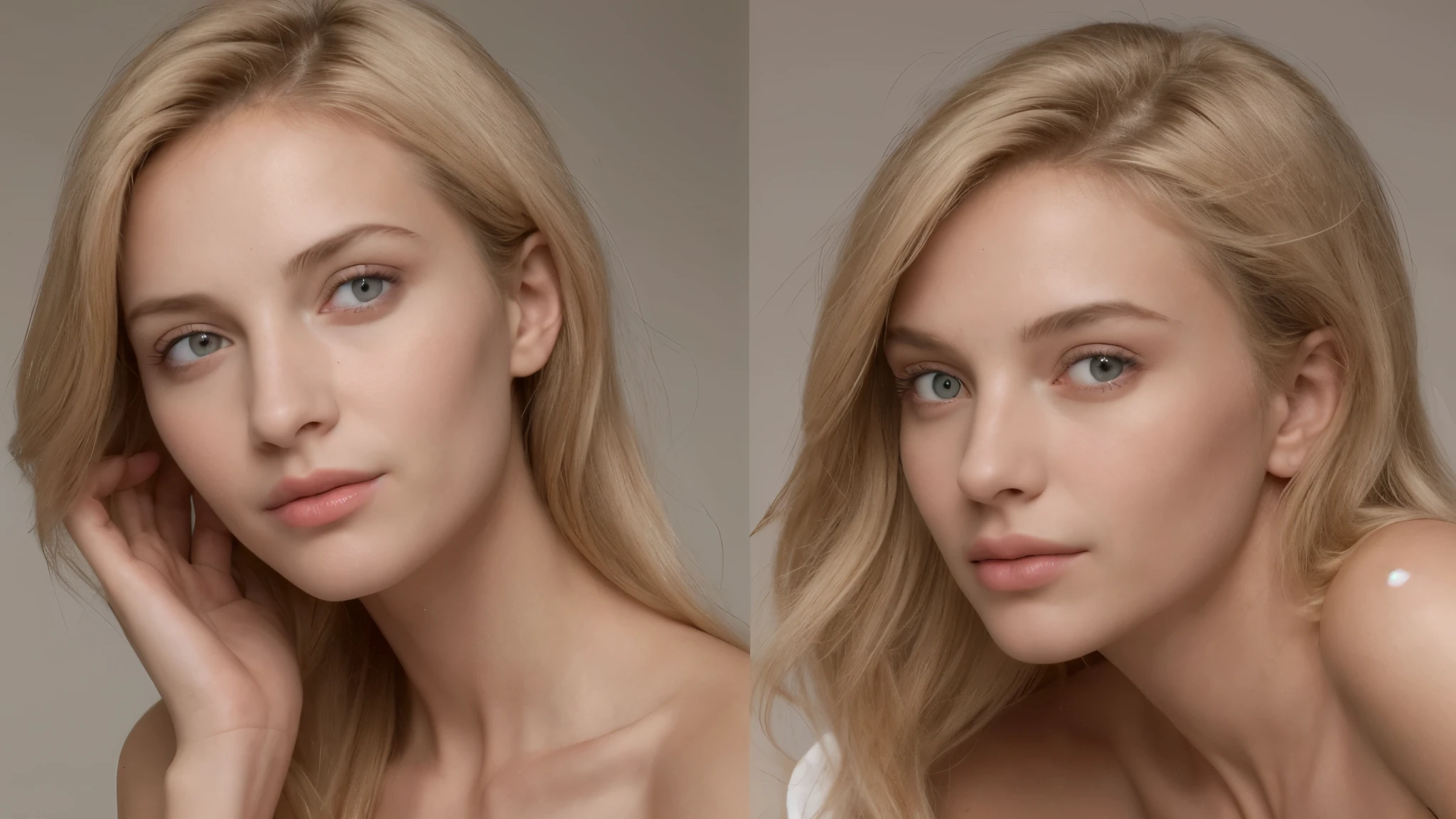 Crée une image hyperréaliste du visage d'une femme d'origine européenne, divisée en trois sections distinctes. La première section montre la femme regardant légèrement vers la gauche, la deuxième section présente une vue de face, et la troisième section la montre regardant légèrement vers la droite. La femme a un teint bronzé, des cheveux blonds et légèrement ondulés, et son grain de peau est clairement visible, avec des détails tels que des pores, des légères imperfections, et une texture naturelle. L'éclairage est doux et uniforme, mettant en valeur les contours du visage, les reflets subtils dans ses cheveux, et la profondeur de son regard. Le fond est neutre pour focaliser toute l'attention sur les orientations du regard et les détails réalistes du visage.
