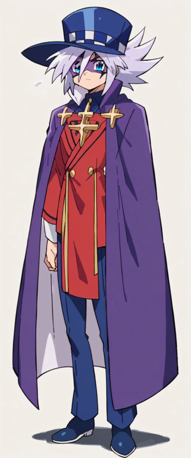 Highest quality,Masterpiece,Pro Art,8k,Based on anatomy,silk hat,Light purple hair,Eye mask,Purple Cape,Japan animated style,kait8uj8ker, white hair, spiked hair, Blue eyes,Full body image,Huge muscles,Huge erect penis,