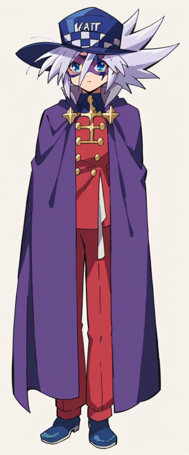 Highest quality,Masterpiece,Pro Art,8k,Based on anatomy,silk hat,Light purple hair,Eye mask,Purple Cape,Japan animated style,kait8uj8ker, white hair, spiked hair, Blue eyes,Full body image,Huge muscles,Huge erect penis,
