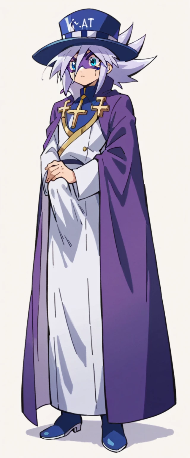 Highest quality,Masterpiece,Pro Art,8k,Based on anatomy,silk hat,Light purple hair,Eye mask,Purple Cape,Japan animated style,kait8uj8ker, white hair, spiked hair, Blue eyes,Full body image,Huge muscles,Huge erect penis,